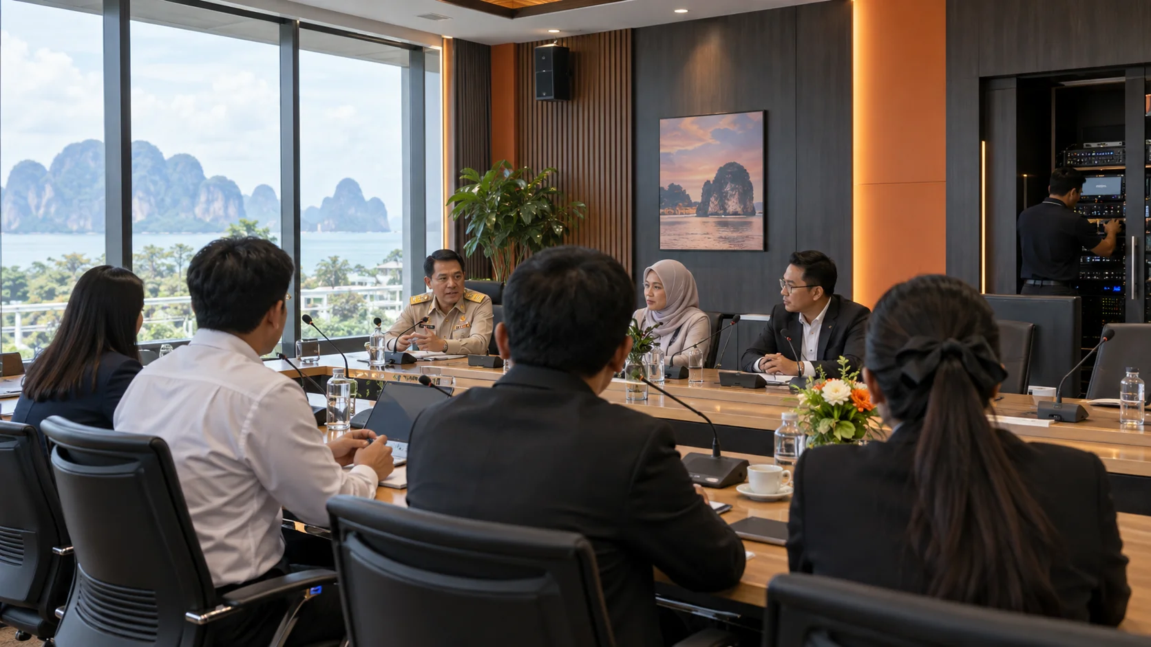 ภาพประกอบห้องประชุมพร้อมไมโครโฟนและระบบเสียง